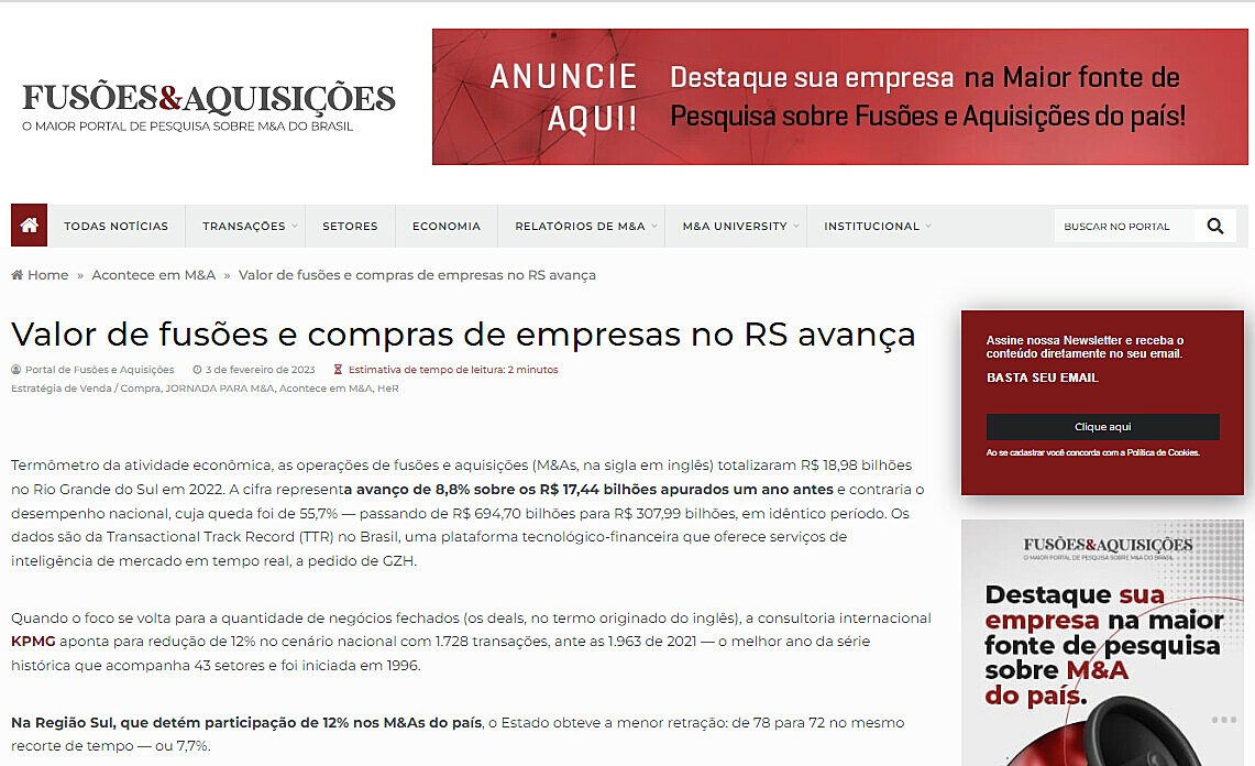 Valor de fuses e compras de empresas no RS avana
